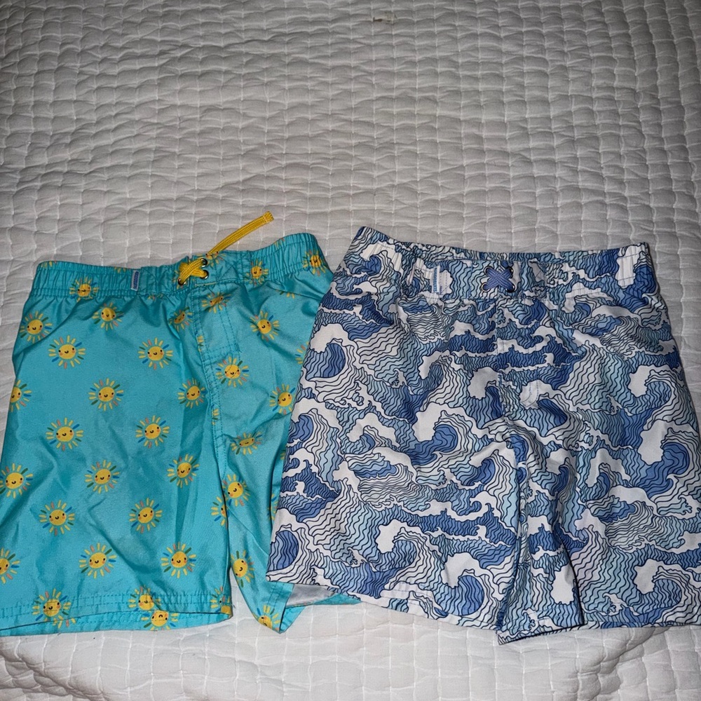 Rugged Butts boys' Bright Aqua Sun Print & Blue Wave Swim Shorts - size 7